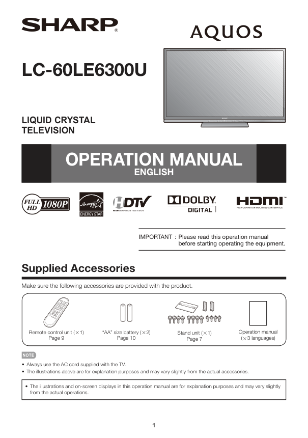 夏普LC-60LE630U液晶彩电使用说明书-1 夏普LC-60LE630U液晶彩电使用说明书-1