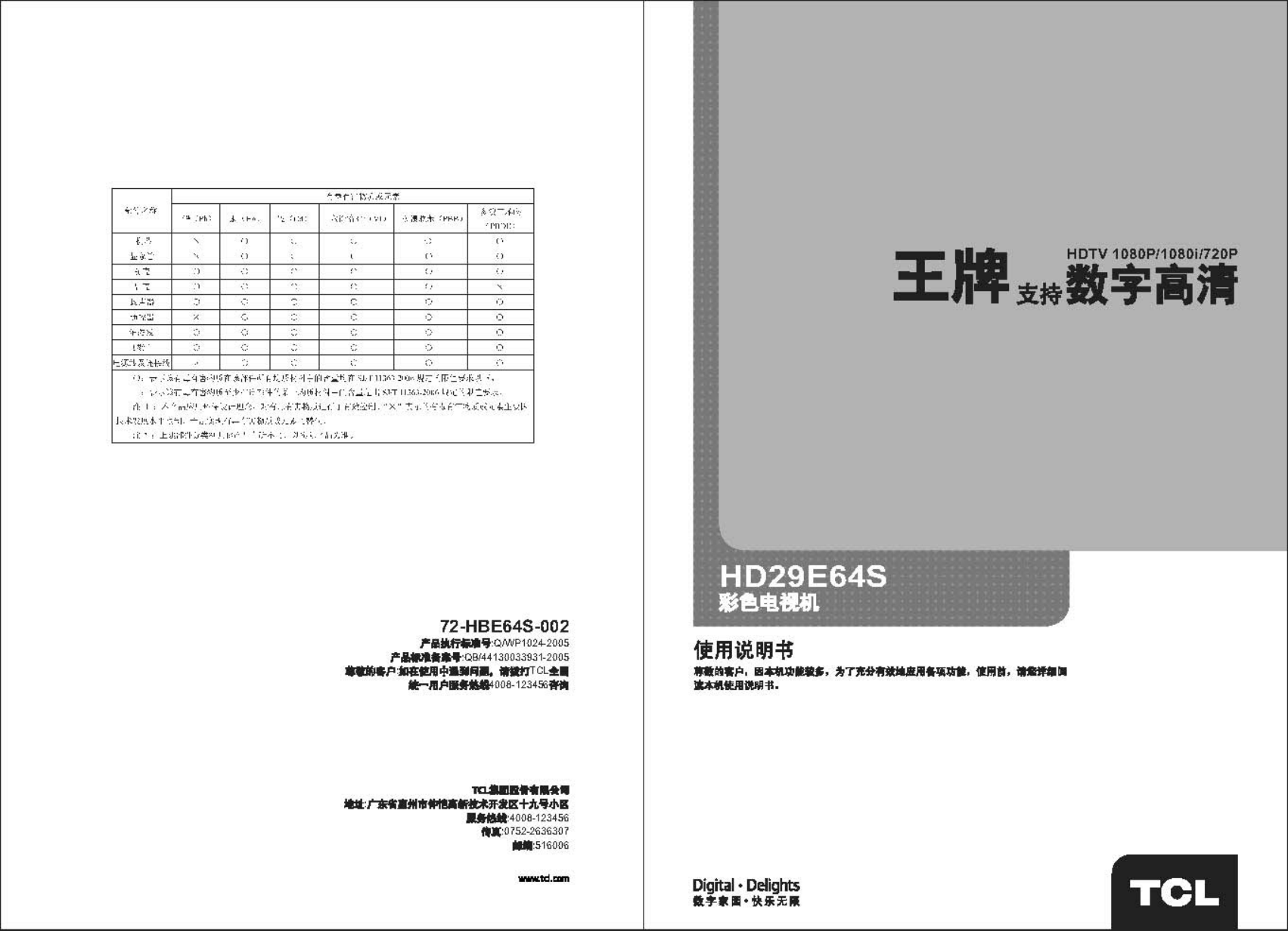 TCL王牌HD29E64S彩电使用说明书-0