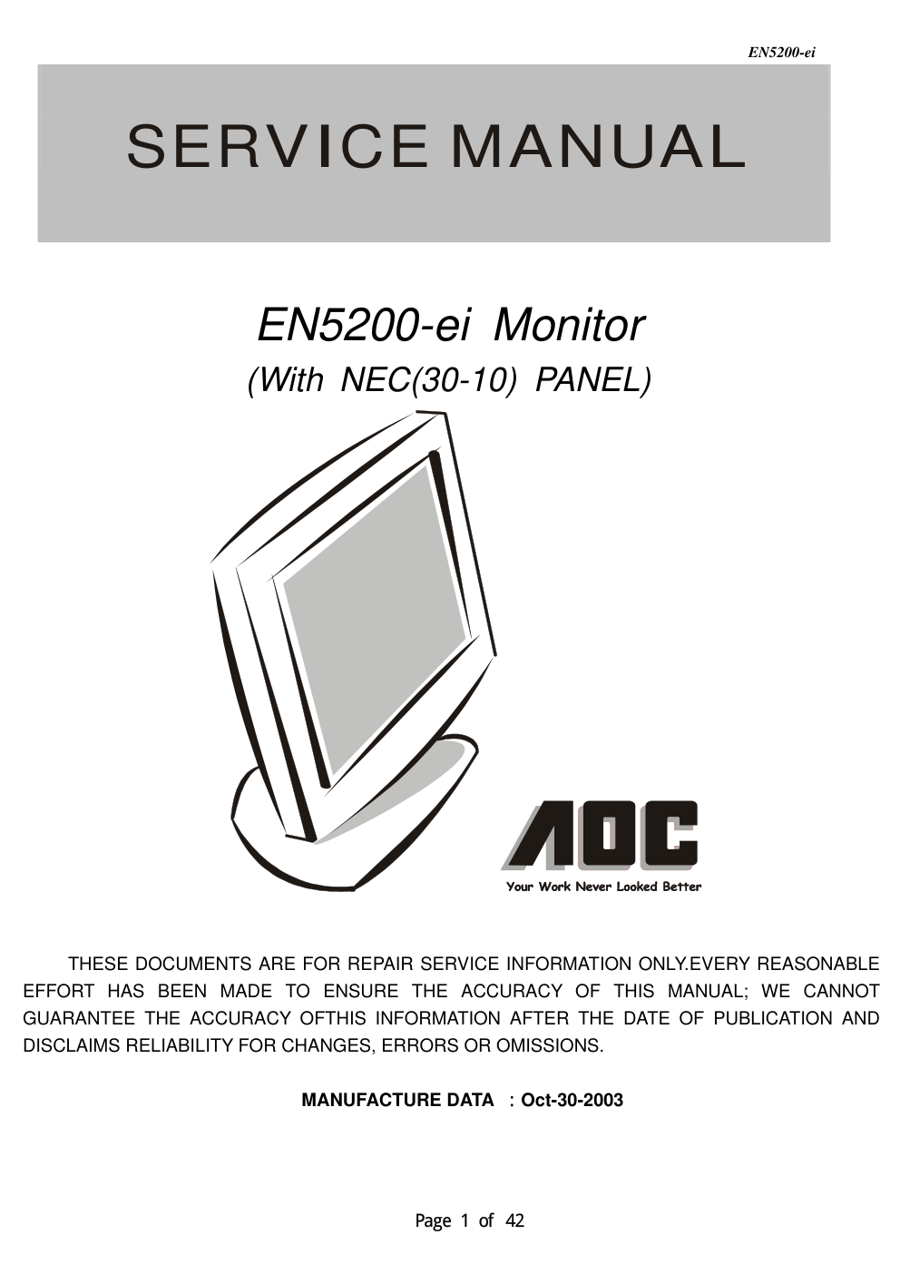 AOC EN5200EI液晶显示器维修手册-0 AOC EN5200EI液晶显示器维修手册-0