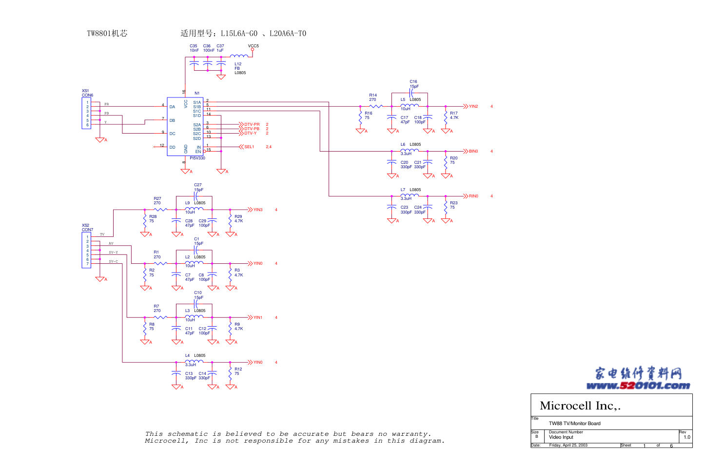海尔L15L6A-G0、L20A6A-T0（TW8801机芯）电路原理图-0