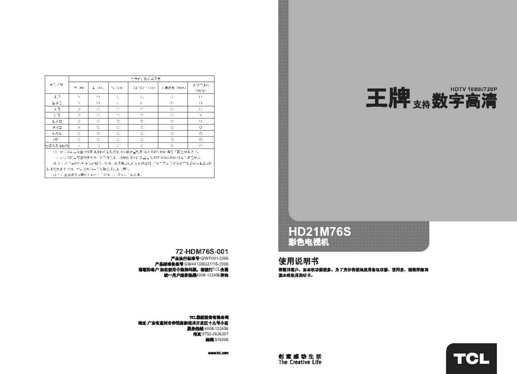 TCL王牌HD21M76S彩电使用说明书-0 TCL王牌HD21M76S彩电使用说明书-0
