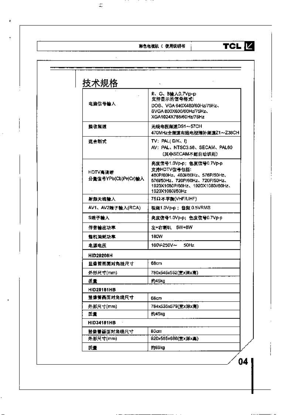 TCL王牌HID29208H彩电使用说明书-4 TCL王牌HID29208H彩电使用说明书-4