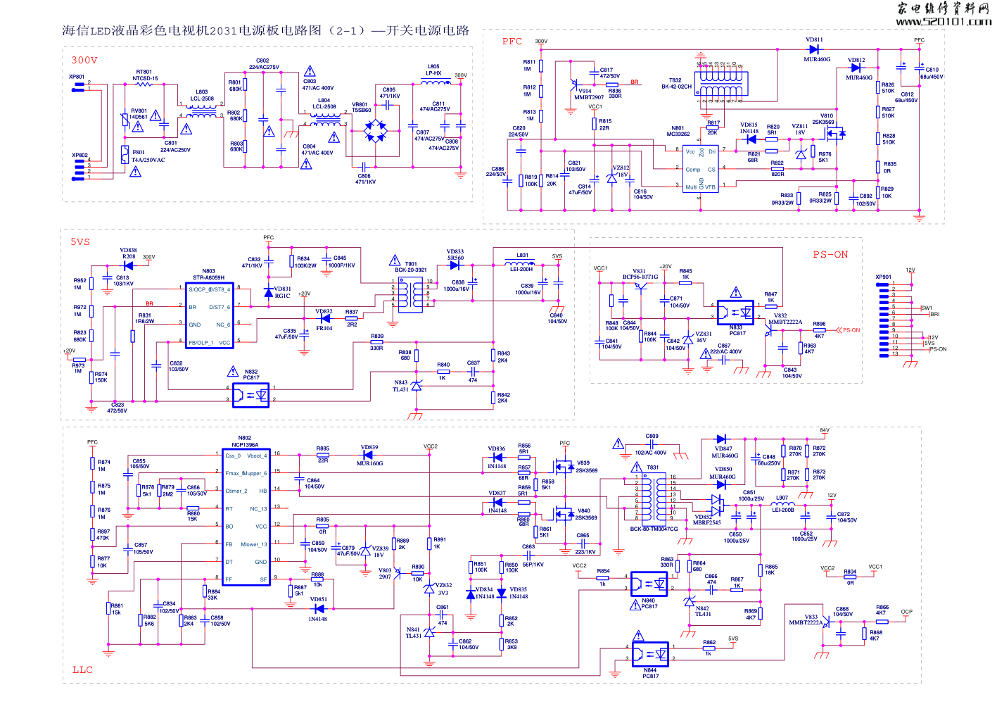 海信LED 2031电源板（STR-A6059H NCP1396A MC33262）电路图-0