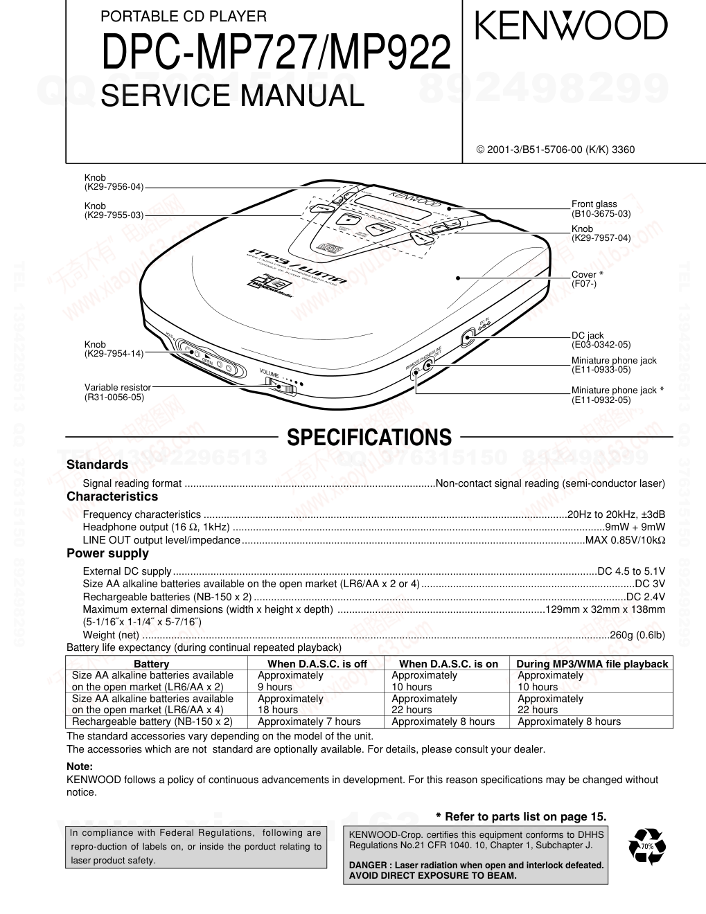 建伍KENWOOD DPC-MP922 便携式CD播放机维修手册-0 建伍KENWOOD DPC-MP922 便携式CD播放机维修手册-0