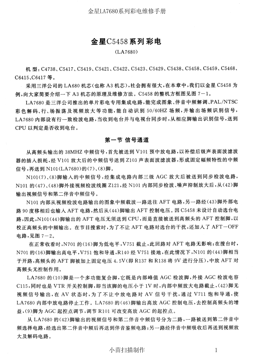 金星C5458系列彩电维修手册(LA7680机芯)-0 金星C5458系列彩电维修手册(LA7680机芯)-0