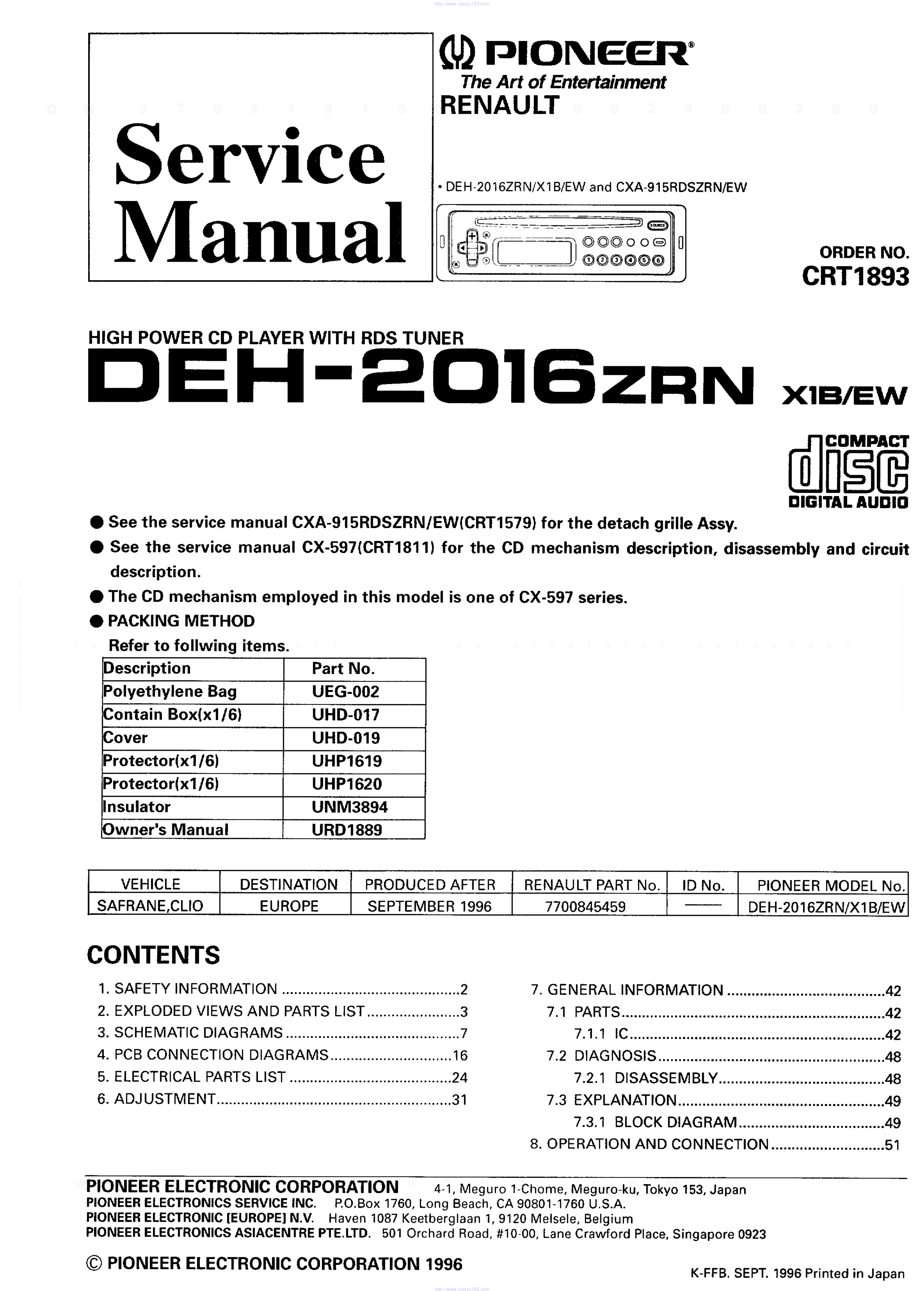 先锋PIONEER DEH-2016ZRNX1BEW电路图-0 先锋PIONEER DEH-2016ZRNX1BEW电路图-0