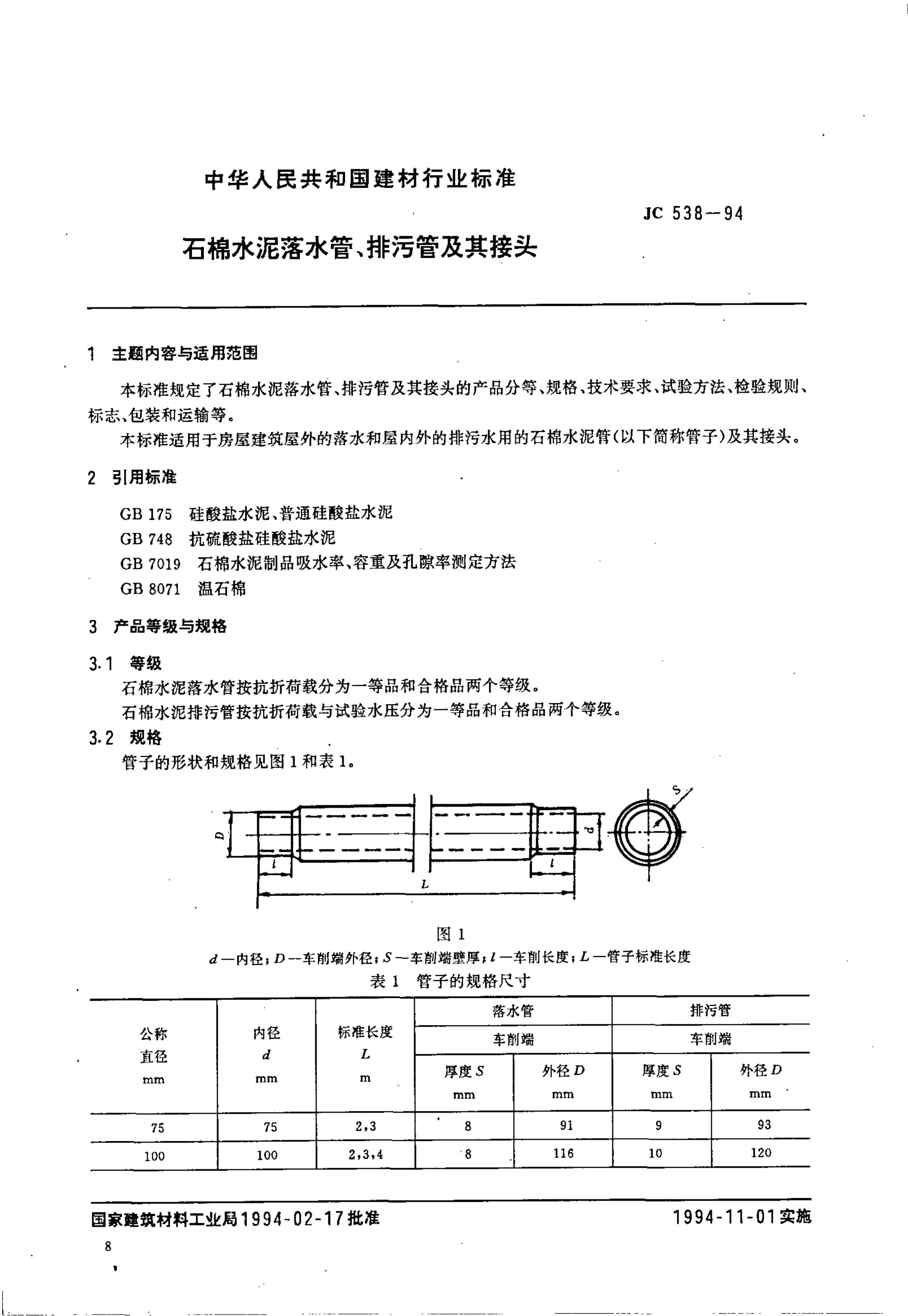 JC 538-1994 石棉水泥落水管、排污管及其接头-0 JC 538-1994 石棉水泥落水管、排污管及其接头-0